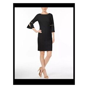 NWT Calvin Klein Imitation Pearl Trim Split Bell Sleeve Sheath Dress Size 12